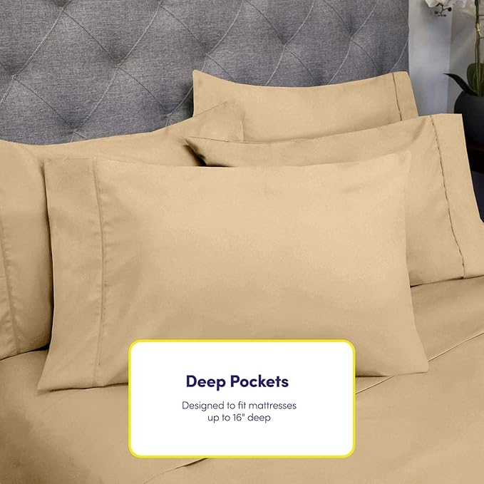Sweet Home Collection 6 Piece 1500 Supreme Collection Brushed Microfiber Deep Pocket Sheet Set-2 Extra Pillow Cases, Great Value, Rv Short Queen, Camel