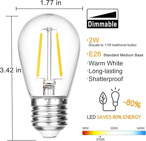 15 Pack Dimmable Shatterproof S14 LED Replacement Outdoor String Light Bulbs, 2700K 2W Plastic LED E26 Medium Screw Base Edison Bulbs Equivalent to 11-25 watt