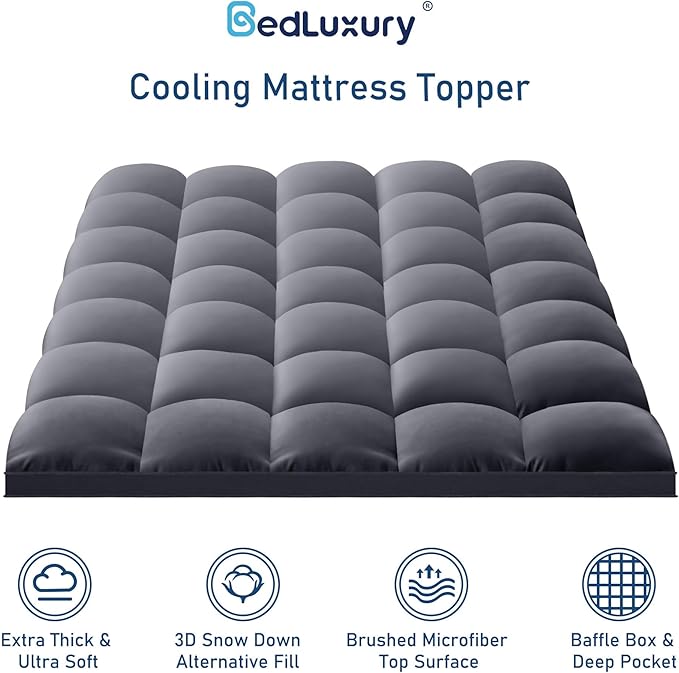 California King Mattress Topper Extra Thick Pillowtop Cooling Mattress Topper Plush Mattress Pad Cover Protector with 8-21 Inch Deep Pocket 3D Snow Down Alternative Fill Grey