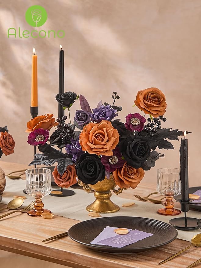 Alecono Artificial Flowers, Orange and Purple Silk Fake Flowers for DIY Wedding Bridal Bouquets, Cake Flowers for HalloweenTable Centerpieces Party Home Decorations