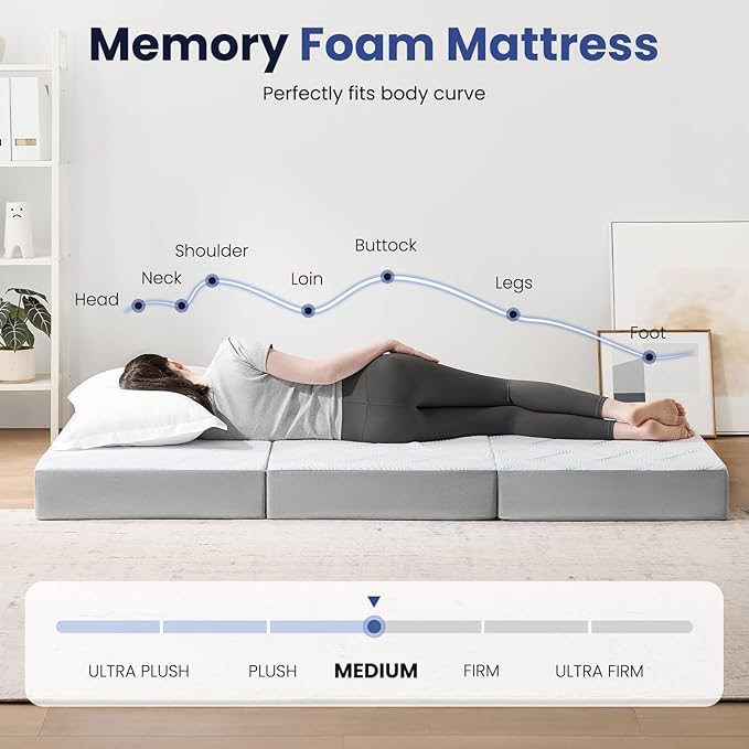 Foldable Mattress Queen 4 inch -Portable White Memory Foam Folding Matress with Washable Cover for Camping Travel Guest Room Home Use-Non-Slip&Easy Storage