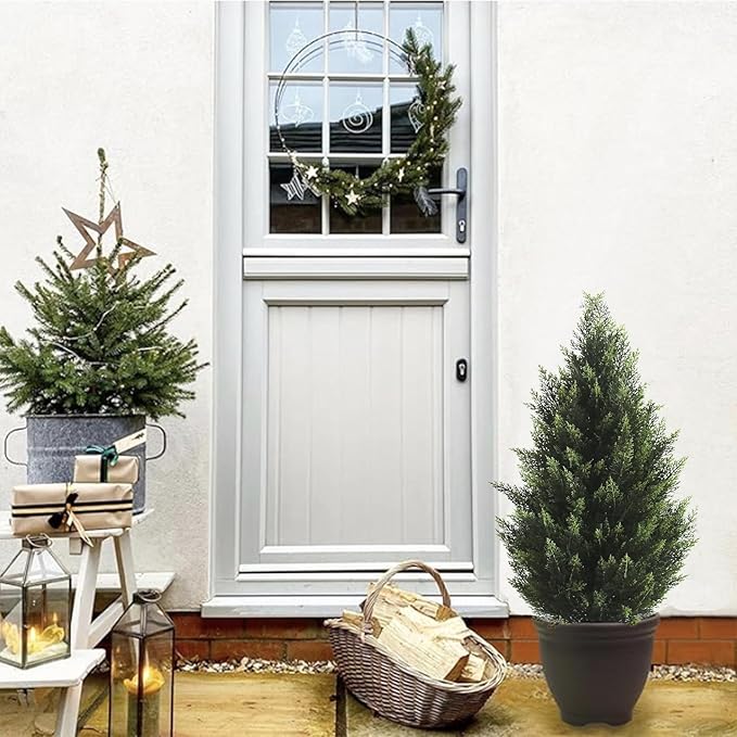 3FT Artificial Topiary Tree Realistic Faux Cedar Pines Christmas Trees UV Rated Fake Shrubs for Front Porch Faux Plants Indoor and Outdoor Decor (2 Pack)