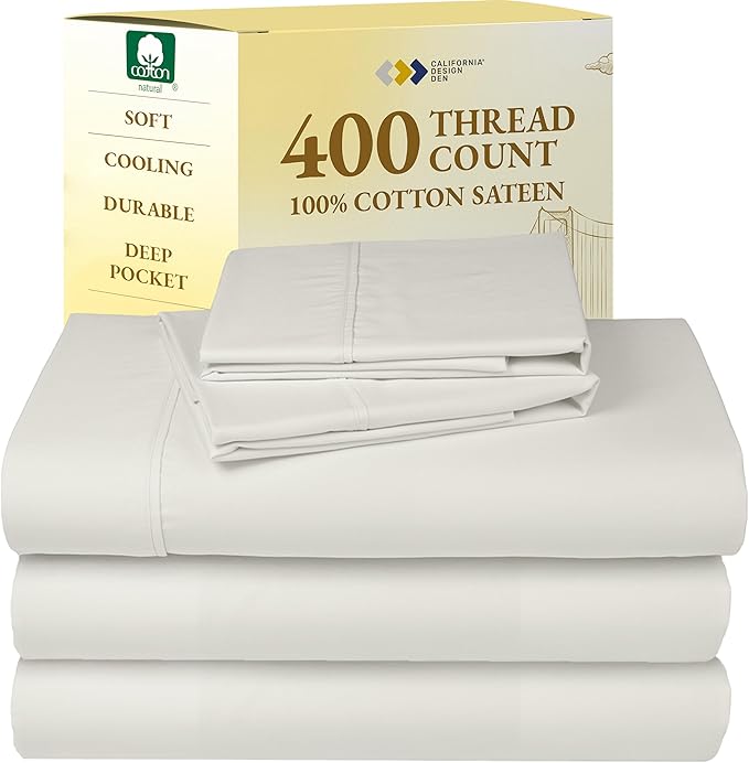 California Design Den Split King Sheets Sets for Adjustable Bed - Soft 400 Thread Count Sateen, Natural 100% Cotton Sheets, Deep Pockets, Breathable, Cooling & Durable Bedding Set - Ivory (Pale Tone)