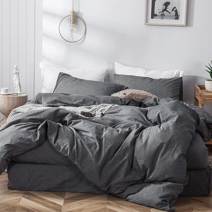 MooMee Bedding Duvet Cover Set 100% Washed Cotton Linen Like Textured Breathable Durable Soft Comfy (Heathered Dark Grey, Super King Plus 120"x120")