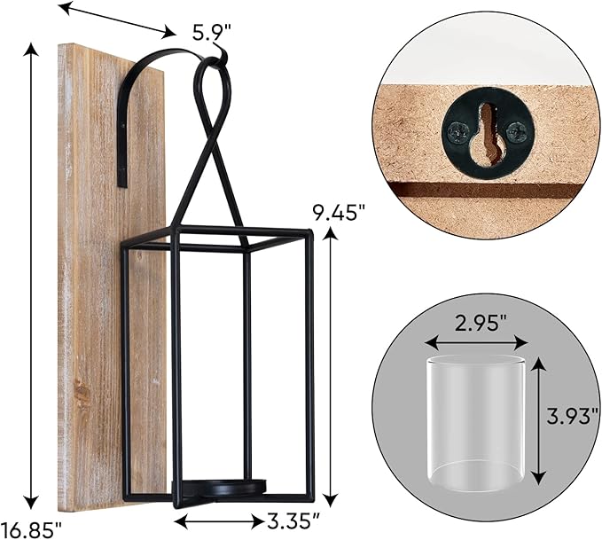 Homemory Wall Candle Sconce, Wood Rustic Candle Holder Decorative Candle Lantern with Glass Holder, Wall Decorations for Living Room, Dining Room