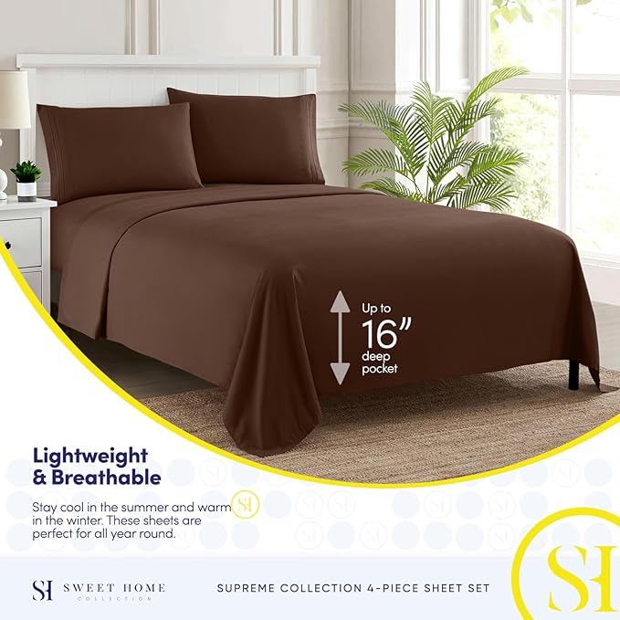 King Size Sheets - Breathable Luxury Bed Sheets with Full Elastic & Secure Corner Straps Built In - 1800 Supreme Collection Extra Soft Deep Pocket Bedding Set, Sheet Set, King, Brown