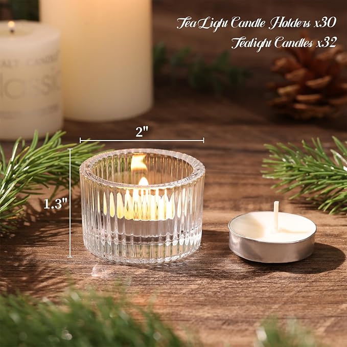 30Pcs Clear Tealight Candle Holder with 32pcs Tea Light Candles, Ribbed Votive Candle Holders Glass for Table Centerpiece, Wedding Decor, Home and Holiday Decor
