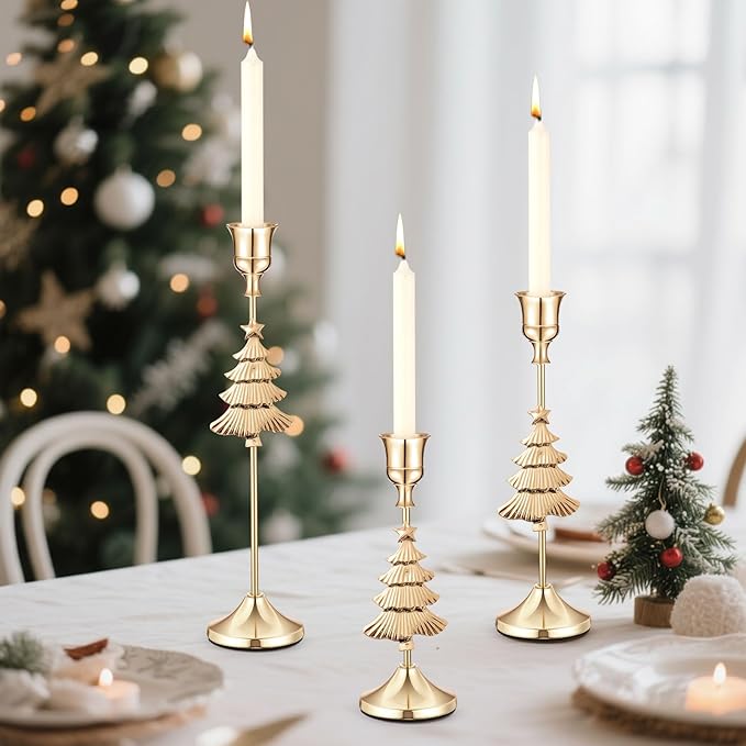 3 Pcs Christmas Candle Holders 3 Size Gold Taper Candlestick Holders Set Vintage Decorative Centerpiece for Table Mantel Wedding Housewarming Thanksgiving Gifts (Christmas Tree)