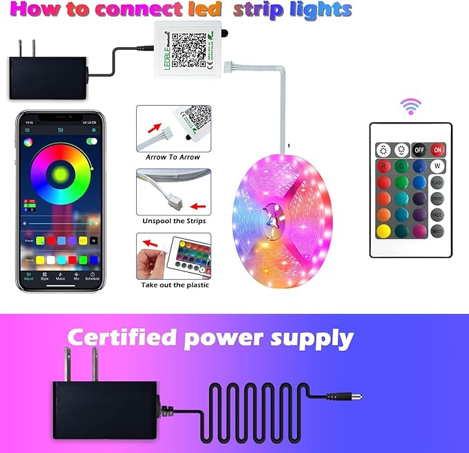 41FT Led Strip Lights,Long Smart Led Light Strips Music Sync 5050 RGB Color Changing Rope Lights,Bluetooth APP/IR Remote/Switch Box Control Led Lights for Bedroom,Home Decoration,Party,Festival