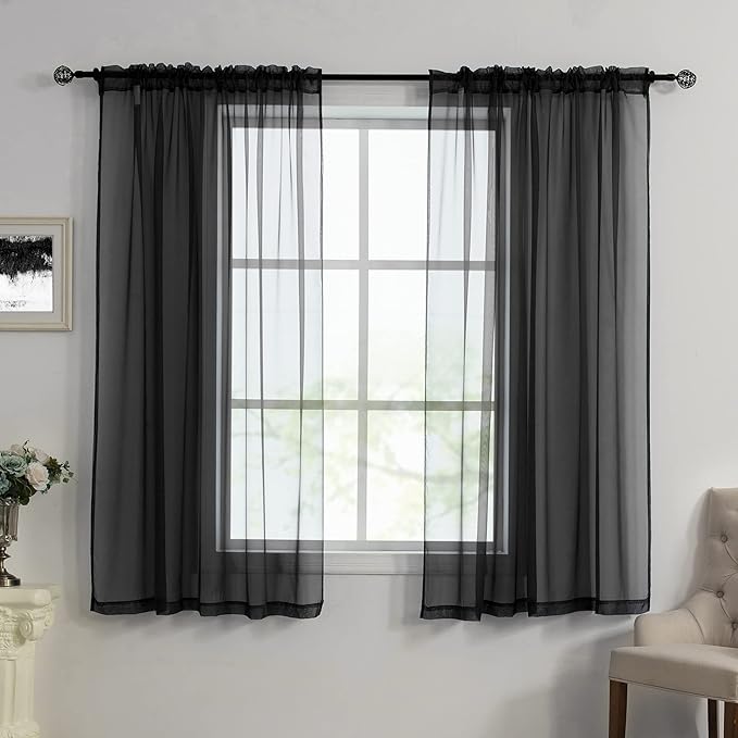 HUTO Black Sheer Curtains 54 inches Long for Bedroom Top Rod Pocket Sheer Window Panels Curtains for Nursery Living Room 52 by 54 Inch Length Set of 2