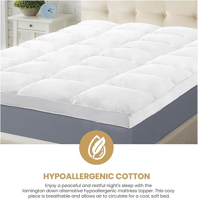 Superior Mattress Topper, Down Alternative, 2 Inch Deep Sized Bed Pillow Top, Comfort Pad, Fluffy Mattress-Topper Protector, Plush Cooling Extra Soft, Hotel Quality, California King, White