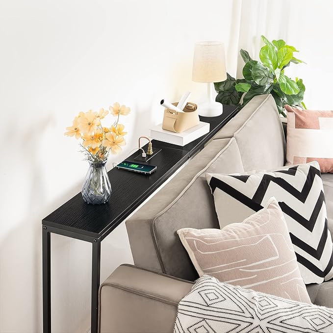 63" Console Table with Power Outlet, Narrow Sofa Industrial Entryway Behind Couch Table with USB Ports for Entryway, Hallway, Foyer, Living Room, Bedroom, Black CTHB16E01