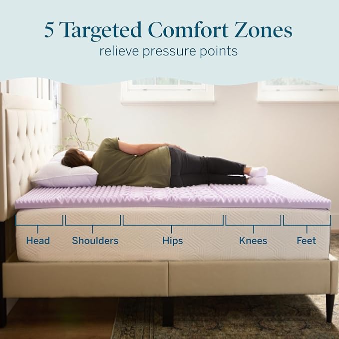 LUCID Lavender Infused 2 Inch Memory Foam Mattress Topper with 5 Zones – Full Size – Plush Feel – CertiPUR Certified – Dorm Room Essentials