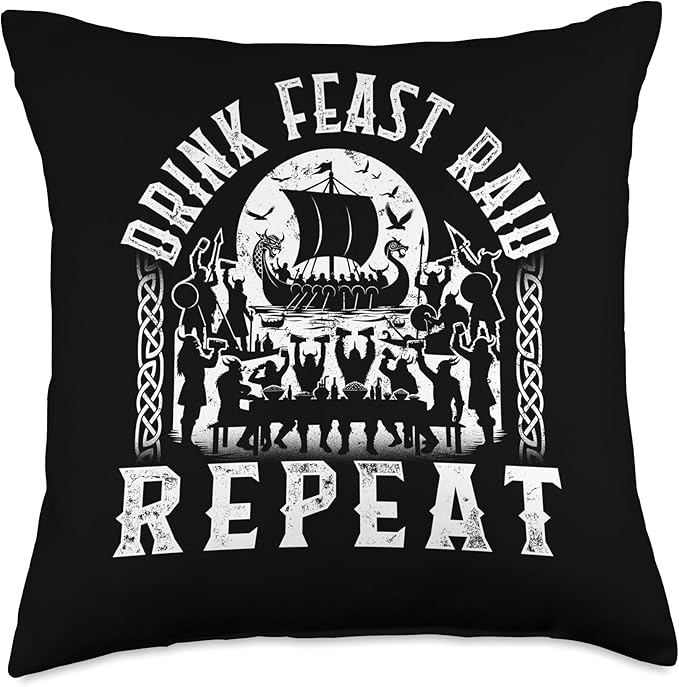 Viking Drink Feast Raid Repeat Vikings Lover Scandinavian Wa Throw Pillow