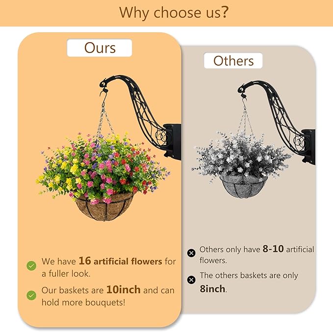 Artificial Hanging Flowers Basket for Outdoor, 16 Fake Flowers Look Real UV Resistant, Faux Hanging Plants for Porch, Balcony, Patio, Garden, Spring Summer Decor,MixB