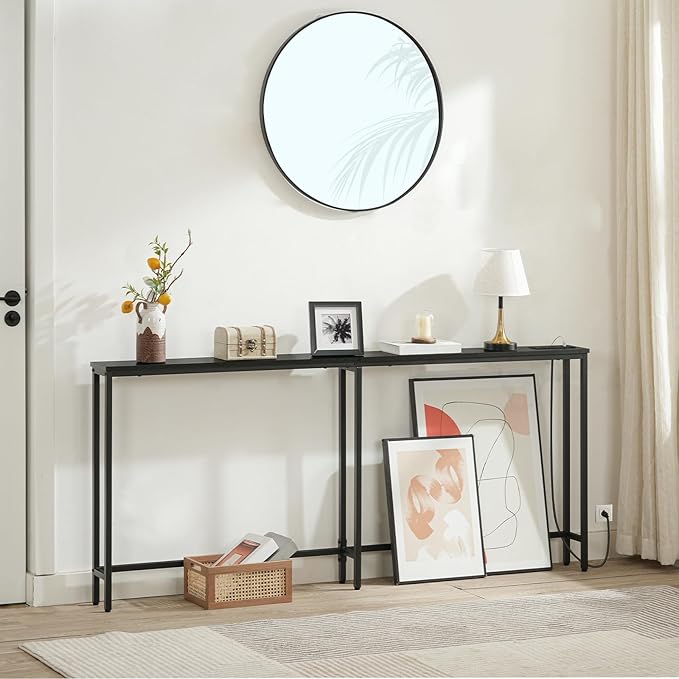 HOOBRO 70.9" Narrow Console Table with Charging Station, 5.9" Sofa Table with 2 Power Outlets and USB Ports, Long Entryway Tables Behind Couch Table, for Hallway, Living Room, Black BB185UXG01