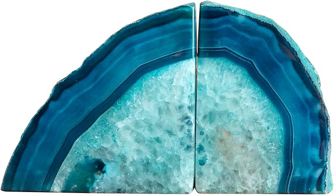 AMOYSTONE Large Agate Geode Bookends Heavy Duty Stone Book Ends Decorative Bookend Holder Home Office Decor with Rubber Bumpers Teal 1 Pair 4-6 LBS