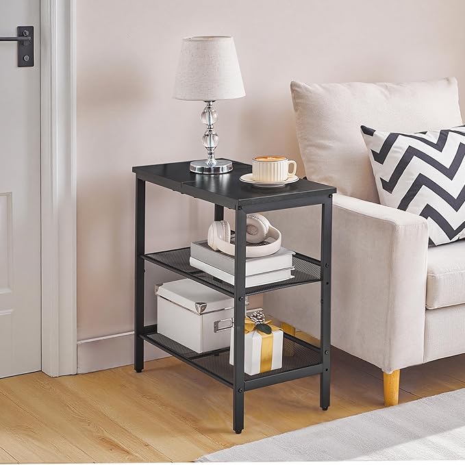 HOOBRO Black Side Table, 3-Tier Metal Side Table, Small Black Table with 2 Flat or Slant Adjustable Shelves for Small Spaces, Hallway, Living Room, Bedroom, Sturdy, Easy Assembly, Black BB23BZ01G1