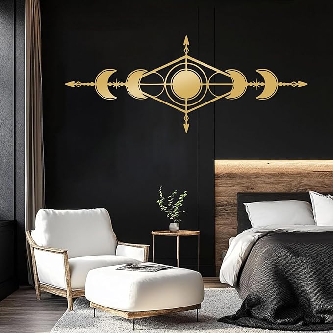 Hfrolixit Moon Phase Metal Wall Decor, Boho Moon Metal Wall Art, Celestial Wall Decor, Scandinavian Natural Wall Art, Astrology Wall Hanging (Black, 41"x17"/105x42cm)