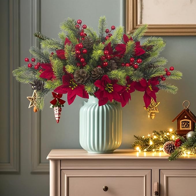 8PCS Artificial Flowers Bouquet Christmas Floral Pine Cones Red Fake Berry Picks Stems Holly Holiday Floral Picks for Xmas Tree Party Decoration DIY Indoor Table Centerpieces