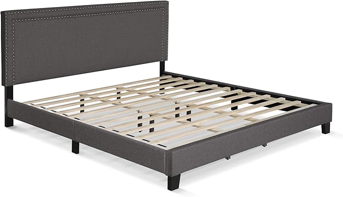 Furinno Laval Double Row Nail Head Upholstered Platform Bed Frame, King, Stone