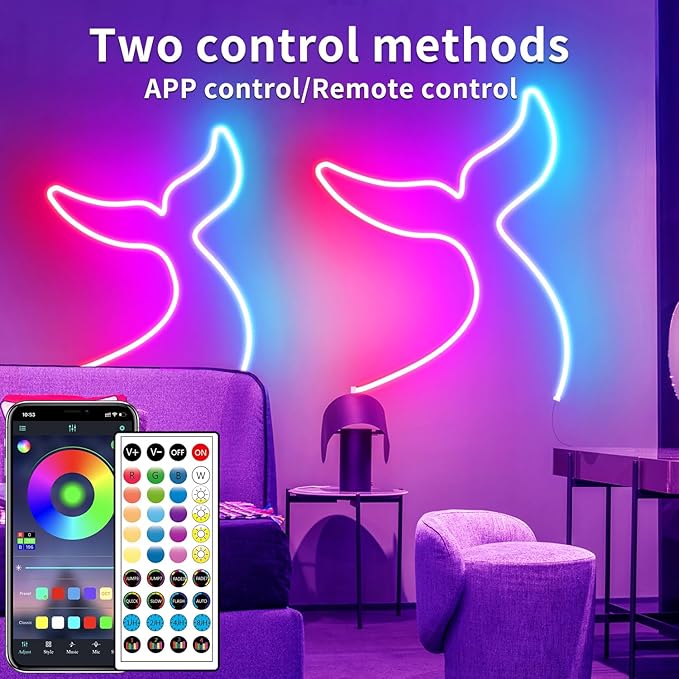32.8ft LED neon Lights with Remote APP Control IP65 Waterproof Flexible Neon Strip Lights 24V RGB Rope Lights for Bedroom Room Outdoors Décor