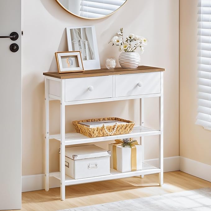 HOOBRO 29.5" Narrow Console Table with 2 Fabric Drawers, Sofa Table, Small Entryway Table with 3-Tier Storage Shelves, Behind Couch Table, for Living Room, Hallway, Walnut and White WH72XG01