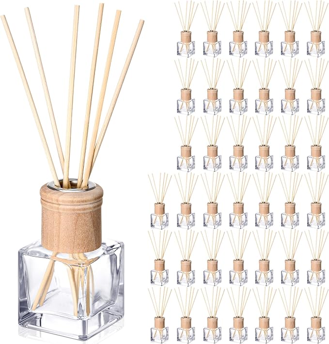 Roshtia 40 Set Reed Diffuser Bottle Empty Refillable Fragrance Glass Diffuser Bottles with Wooden Caps Rattan Sticks 50ml 1.7 oz Glass Jars for DIY Fragrance
