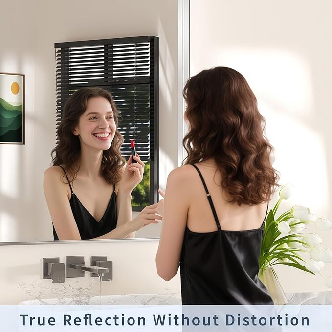 24×32 Silver Bathroom Mirror for Over Sink - Rectangular Bathroom Mirrors with Tempered Glass & Aluminum Frame, for Restroom Vanity, Entryway, Bedroom, Horizontal/Vertical, Rounded Corners