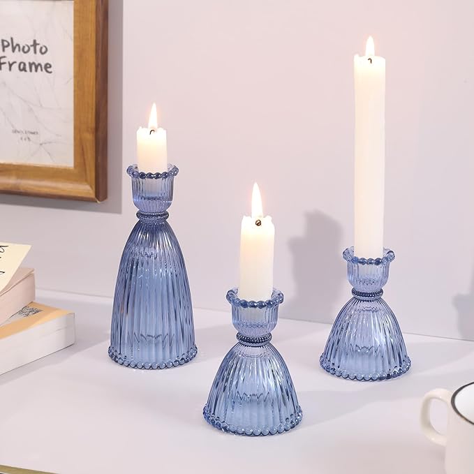 6 Pcs Blue Glass Candlestick Holders (3.5"/6", Assorted)- Tall Taper Candle Holders with Vintage Design, Candle Stick Holders in Bulk for Party Decorations, Blue Candle Holder for Tapered Candles