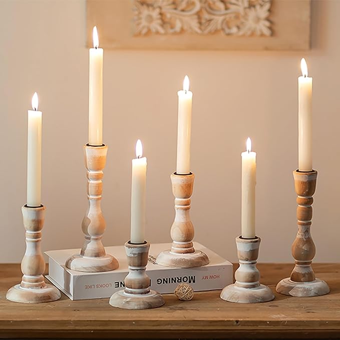 Wooden Candlestick Holders Rustic: Farmhouse Wood Taper Candle Holders Boho Candle Sticks Holder Fall Decor for Dinning Table Mantle Party Holiday Christmas Wedding Home Set of 6