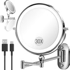 30X/1X Wall Mounted Lighted Makeup Mirror, 9'' Height Adjustable Double Sided 5000mAh Rechargeable Magnifying Bathroom Mirror with Light, 3 Color Modes Touch Dimmable Extended Arm 360 Rotation
