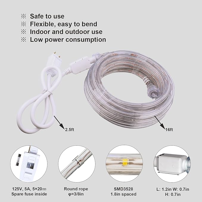 48ft Warm White LED Rope Lights Outdoor - 324 LEDs Christmas Rope Lights, 120V ETL Certified, Connectable to 192ft, Weather-Resistant, w/24 Mounting Clips & Screws - Cozy Home & Café Decor