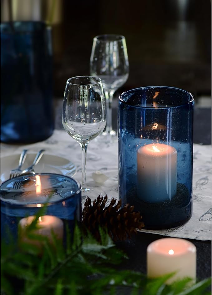 ARIAMOTION Glass Hurricane Candle Holder for Pillar Blue Cylinder Vase Flower Centerpiece Seeded Bubbles Modern Table Decoration for Kitchen Living Room 8 Inch 5 inch Diam