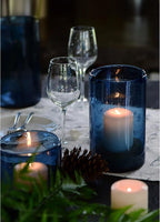 ARIAMOTION Glass Hurricane Candle Holder for Pillar Blue Cylinder Vase Flower Centerpiece Seeded Bubbles Modern Table Decoration for Kitchen Living Room 8 Inch 5 inch Diam