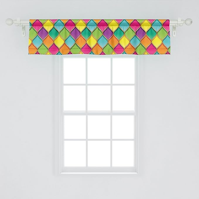 Ambesonne Geometric Window Valance, Vivid Colored Stained Glass Style Pattern Wavy Lines Curves Oval Shapes Modern, Curtain Valance for Kitchen Bedroom Decor with Rod Pocket, 54" X 12", Multicolor