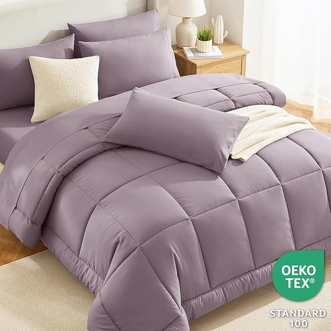 CozyLux Queen Size Comforter Set Dusty Purple - 7 Pieces Bed in a Bag Dusty PurpleComforter Queen Size, Bedding Set with All Season Quilted Comforter, Flat Sheet, Fitted Sheet, Pillowcases