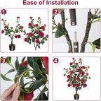 3.6FT Artificial Camellia Fake Tree, Artificial Plants & Flowers with 32 Red Flowers for Door Front Decoration Porch Patio Living Room Office Indoor Outdoor Decor (2PCS Contains Dried Moss)
