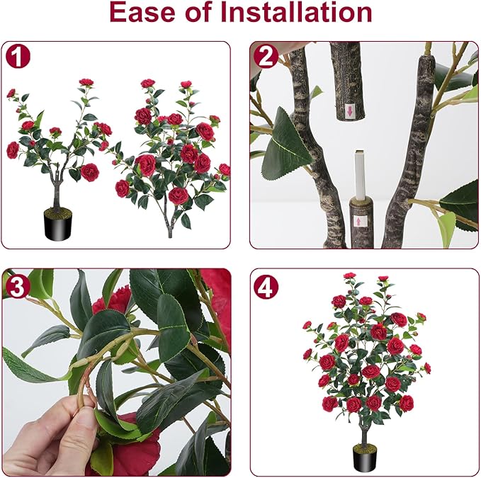 3.6FT Artificial Camellia Fake Tree, Artificial Plants & Flowers with 32 Red Flowers for Door Front Decoration Porch Patio Living Room Office Indoor Outdoor Decor (2PCS Contains Dried Moss)