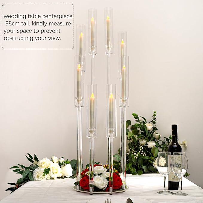 2PCS Acrylic Candelabra Centerpieces,Tall Clear Floor Candelabra for Wedding 8 Arm Candle Holder with Acrylic Shade Circular Base for Party Table Decoration Fit 0.87 LED Candle