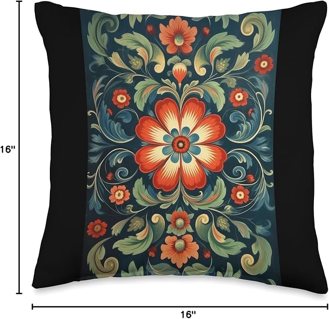 Traditional Norwegian Rosemaling Folk Art Throw Pillow