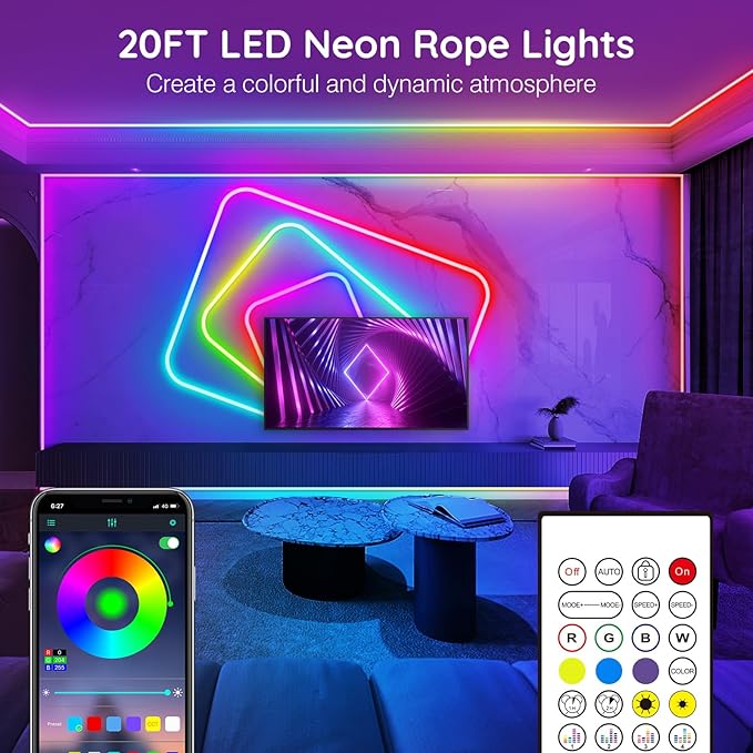 AILBTON 20Ft Neon Rope Lights,Flexible Led Rope Lights Control with App/Remote,Multiple Modes Music Sync Gaming RGB Led Neon Lights for Bedroom Outdoor