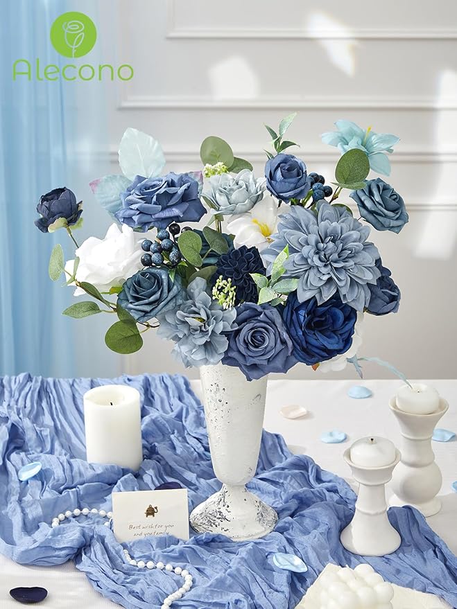 Alecono Artificial Flowers, Dusty Blue Fake Flowers Combo Box for DIY Wedding Bridal Bouquets, Cake Party Table Centerpieces Home Decor