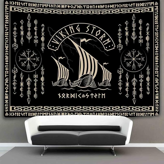 OSUNBD Nordic Vikings Tapestry Vikings Boat Hanging Home Decor Vegvisir Runes Artwork Pagan Tapestry Art Hanging Decor Large Size 78.7”x59.1” for Bedroom Living Room Dorm