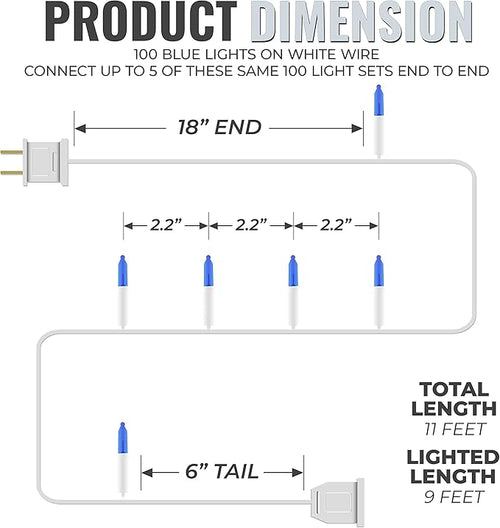 612 Vermont 100 Blue Christmas Lights on a White Wire String, UL Approved, Indoor/Outdoor Use, 18’ of Lighted Length, 20’ of Total Length