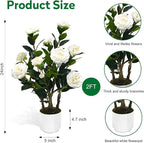 2Pack Artificial Camellia Tree, 2FT Faux Camellia Plant in Pot with White Flowers for Spring Home Front Door Outdoor Indoor Decoration,White