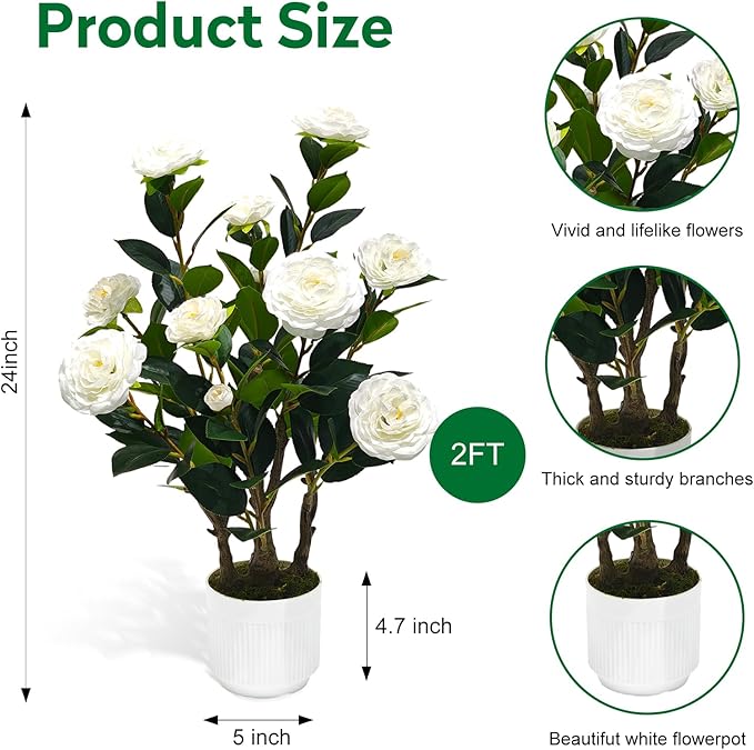 2Pack Artificial Camellia Tree, 2FT Faux Camellia Plant in Pot with White Flowers for Spring Home Front Door Outdoor Indoor Decoration,White