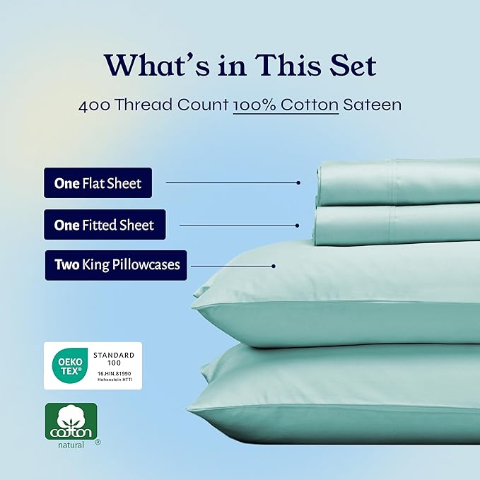 California Design Den 400 Thread Count Natural 100% Cotton Sheets, King Bed Sheets Set with Deep Pockets, Sateen, Durable & Breathable Bedding - Seafoam