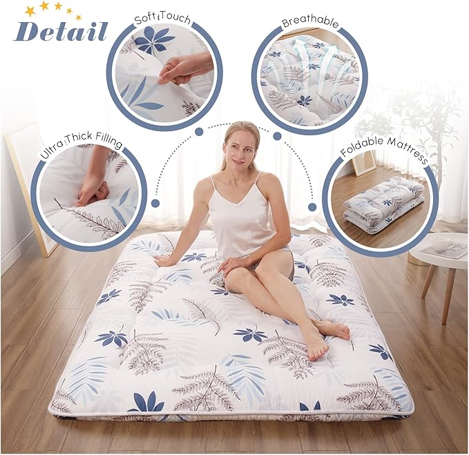 Japanese Floor Mattress, Futon Mattress with Portable Storage Bag and Washable Cover, Roll Up Thick Tatami Mat Suitable for Camping, Guest Room, White Leaf, Twin