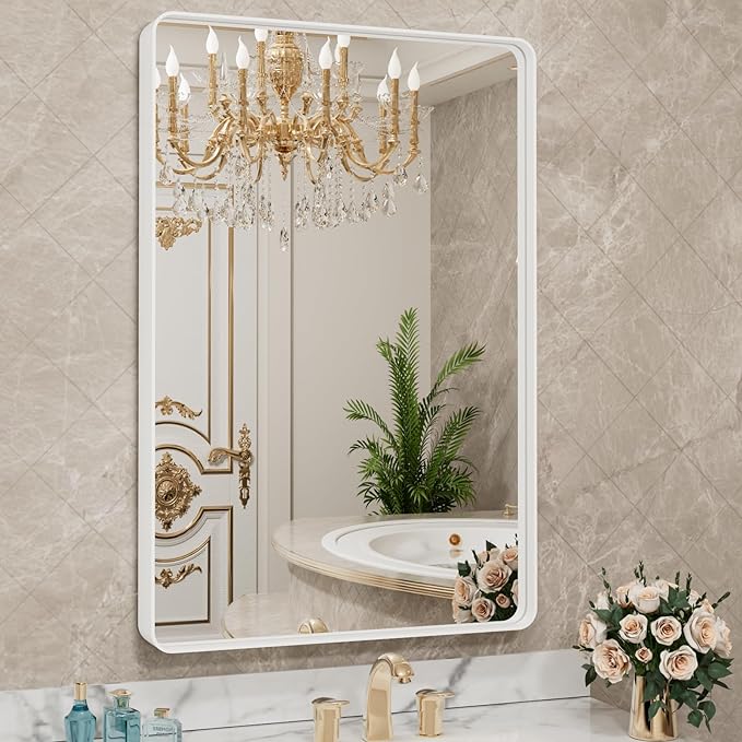 LOAAO 24x36 Inch White Metal Framed Bathroom Mirror for Wall, White Bathroom Vanity Mirror Farmhouse, Large Rounded Rectangle Mirror, Anti-Rust, Hangs Horizontally or Vertically